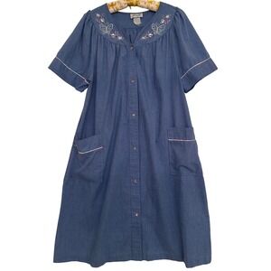 Leisure Life House Coat Robe Women's Sz L Blue Snap Butterflies Grannycore Retro